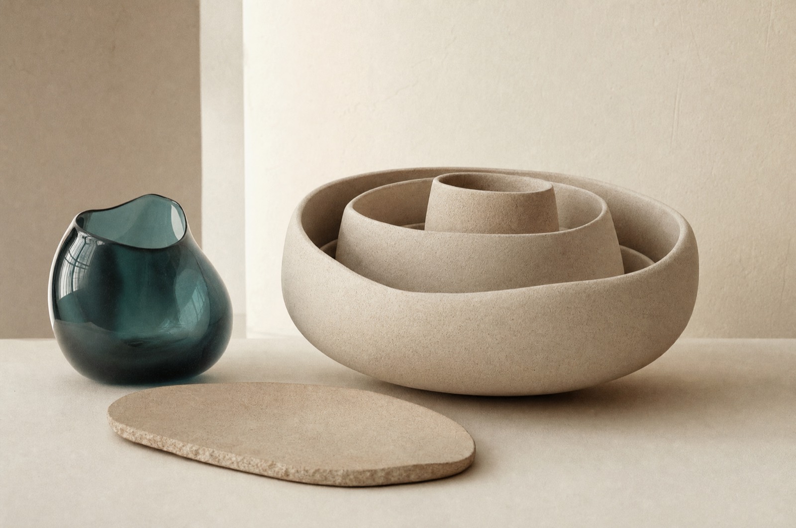 Smooth nested ceramic forms beside a curved glass shape in soft daylight